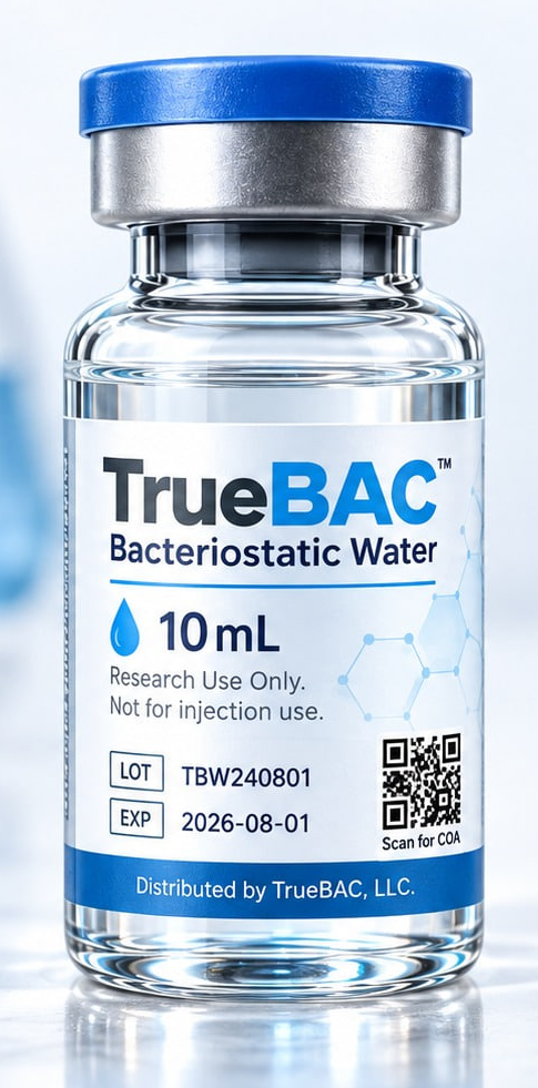 TrueBAC 10 mL bacteriostatic water vial with a blue cap and lot label